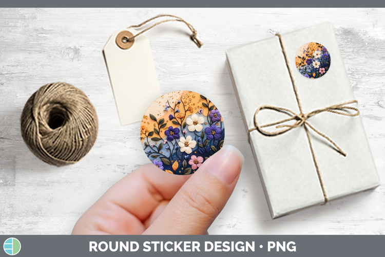 Flowers 01 Embroider Periwinkle Stickers | Round Labels Desi