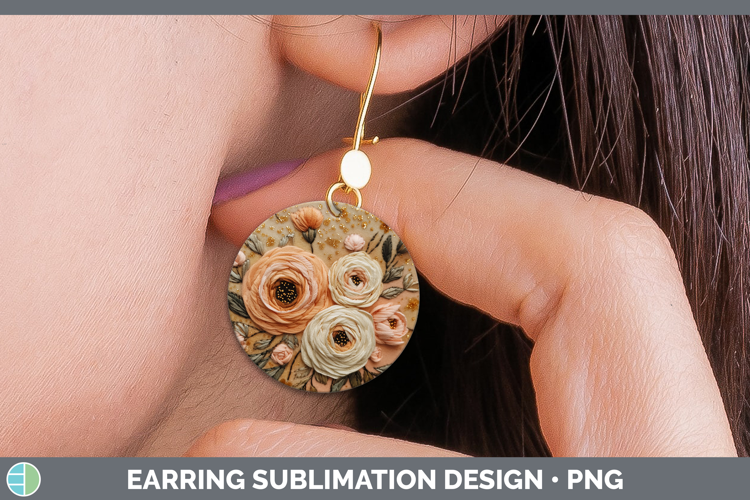 Flowers 01 Embroider Ranunculus Round Earrings Sublimation E