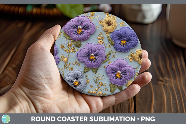 Flowers 01 Embroider Violet Round Coaster Sublimation Coaste