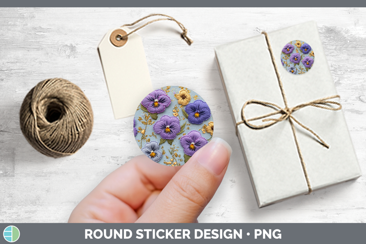 Flowers 01 Embroider Violet Stickers | Round Labels Designs
