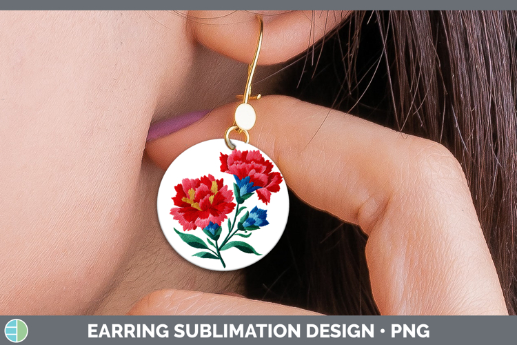 Carnation Flowers 01 Embroidery Round Earrings Sublimation D