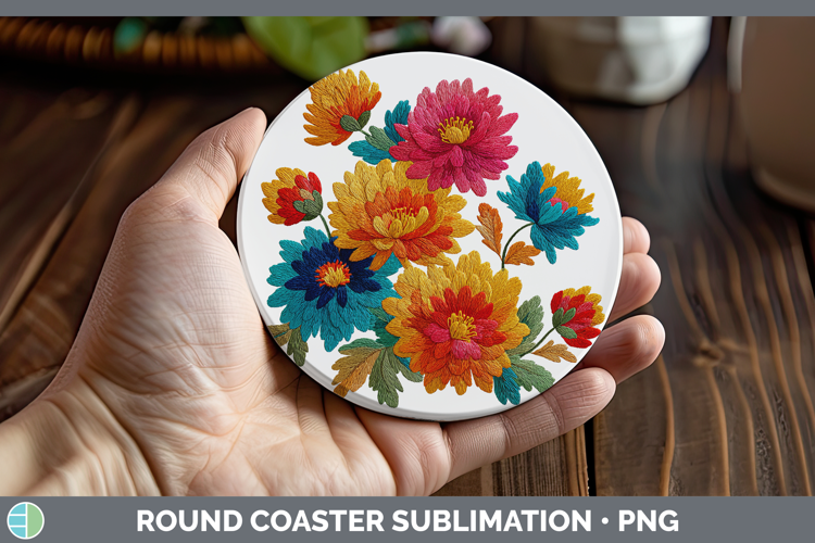 Chrysanthemum Flowers 01 Embroidery Round Coaster Sublimatio