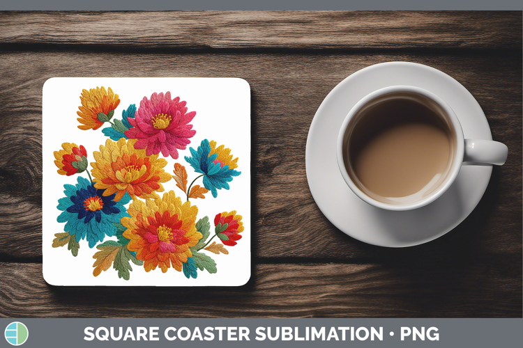 Chrysanthemum Flowers 01 Embroidery Square Coaster Sublimati