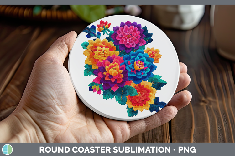 Dahlia Flowers 01 Embroidery Round Coaster Sublimation Desig