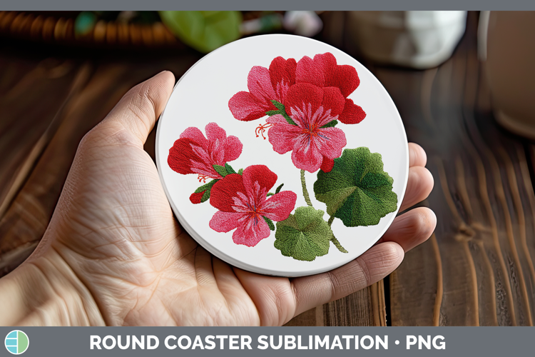 Geranium Flowers 01 Embroidery Round Coaster Sublimation Des