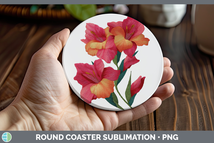 Gladiolus Flowers 01 Embroidery Round Coaster Sublimation De