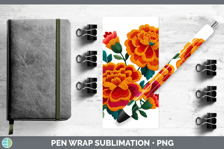 Marigold Flowers 01 Embroidery Pen Wrap Sublimation Design