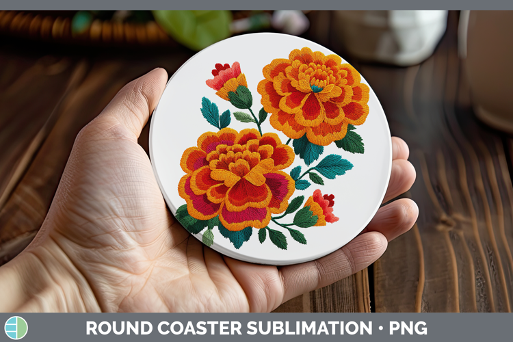 Marigold Flowers 01 Embroidery Round Coaster Sublimation Des