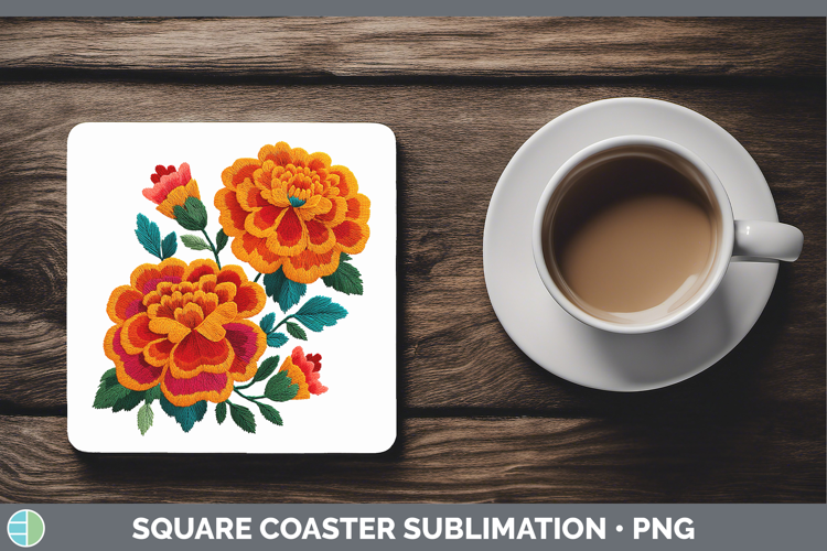 Marigold Flowers 01 Embroidery Square Coaster Sublimation De