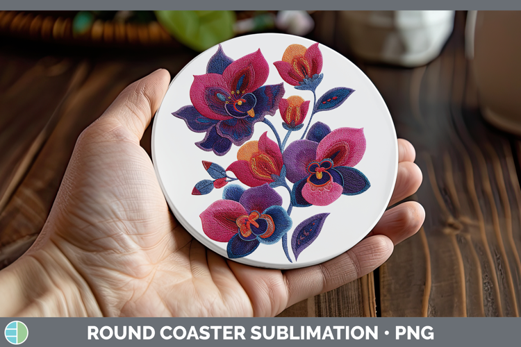 Orchid Flowers 01 Embroidery Round Coaster Sublimation Desig
