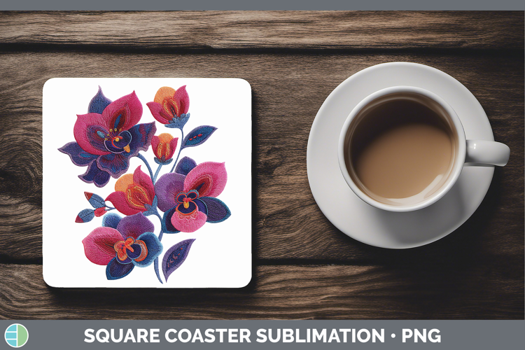 Orchid Flowers 01 Embroidery Square Coaster Sublimation Desi