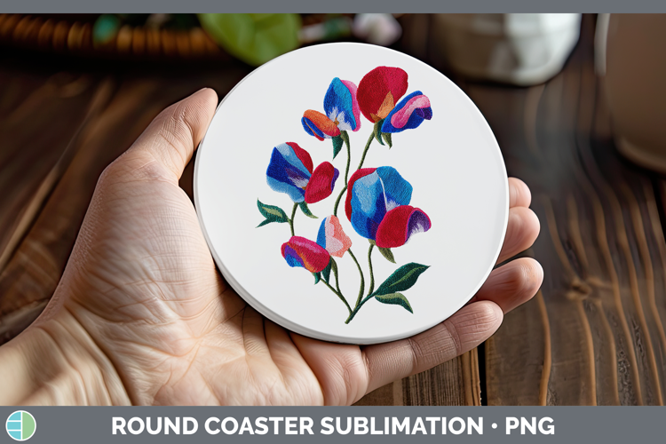 Sweet Pea Flowers 01 Embroidery Round Coaster Sublimation De