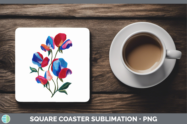 Sweet Pea Flowers 01 Embroidery Square Coaster Sublimation D