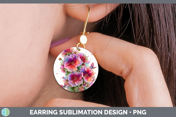 Flowers 01 Rainbow Summer Geranium Round Earrings Sublimatio