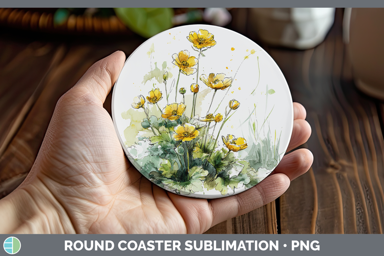 Buttercup Flowers 01 Sketch Round Coaster Sublimation Design