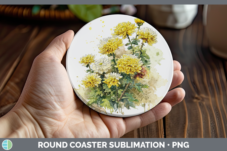 Chrysanthemum Flowers 01 Sketch Round Coaster Sublimation De