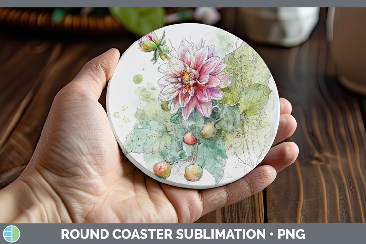 Dahlia Flowers 01 Sketch Round Coaster Sublimation Design