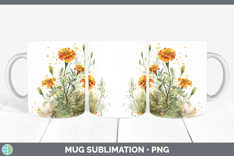 Marigold Flowers 01 Sketch Mug Wrap Sublimation Design