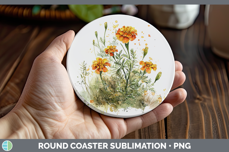 Marigold Flowers 01 Sketch Round Coaster Sublimation Design