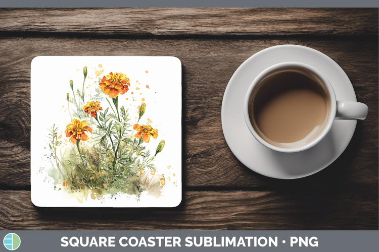 Marigold Flowers 01 Sketch Square Coaster Sublimation Design