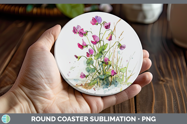 Sweet Pea Flowers 01 Sketch Round Coaster Sublimation Design