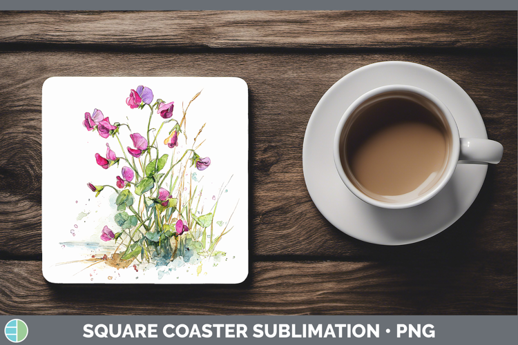 Sweet Pea Flowers 01 Sketch Square Coaster Sublimation Desig