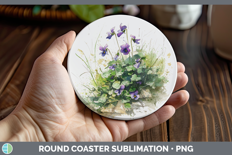 Violet Flowers 01 Sketch Round Coaster Sublimation Design