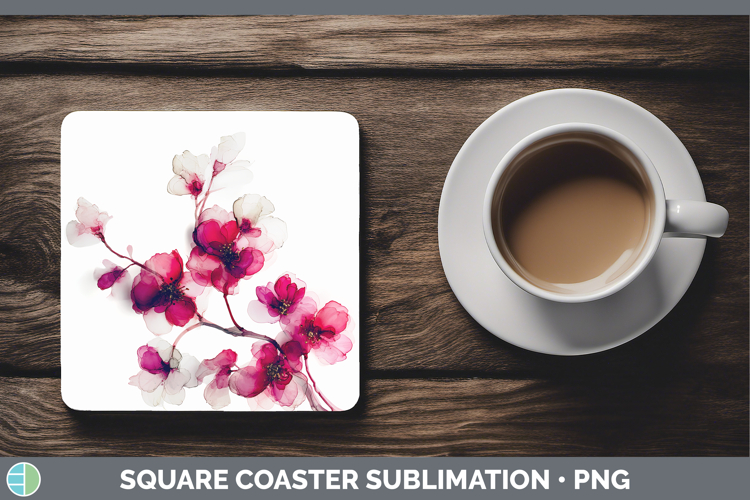 Cherry Blossom Flowers 02 Alcohol Ink Square Coaster Sublima