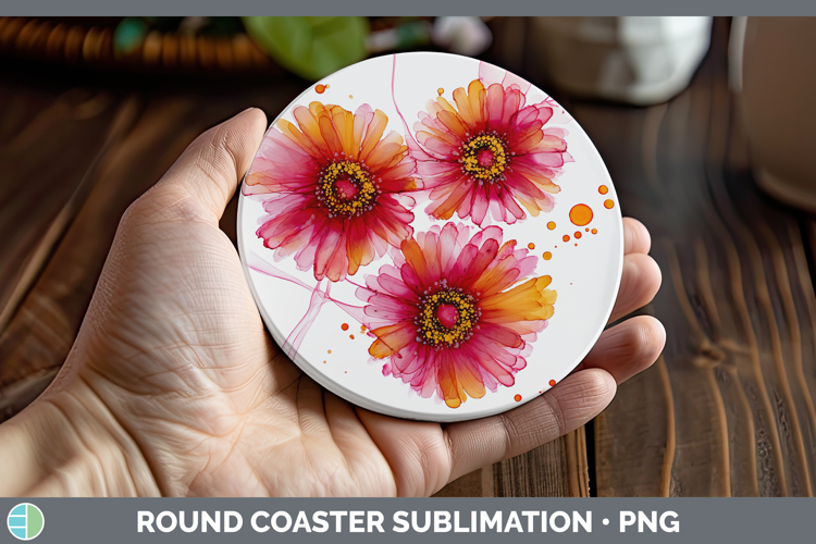 Gerbera Daisy Flowers 02 Alcohol Ink Round Coaster Sublimati