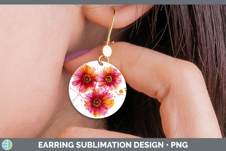 Gerbera Daisy Flowers 02 Alcohol Ink Round Earrings Sublimat