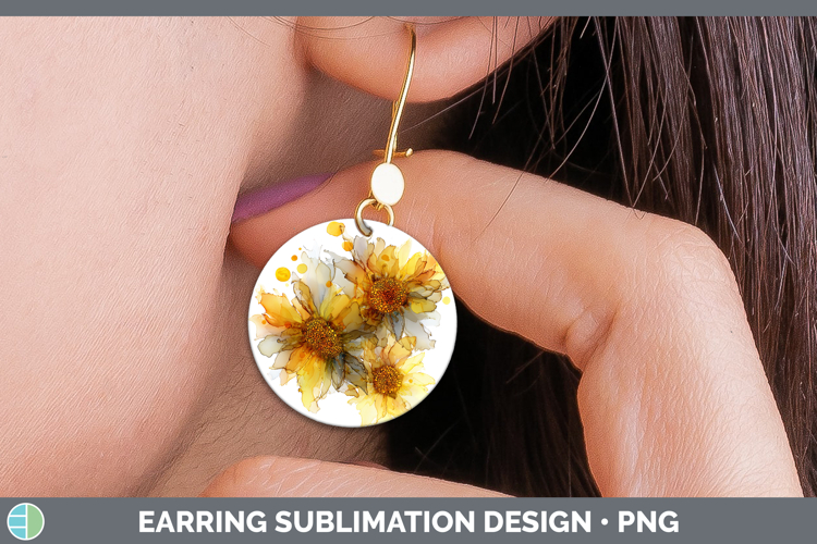 Sunflower Flowers 02 Alcohol Ink Round Earrings Sublimation