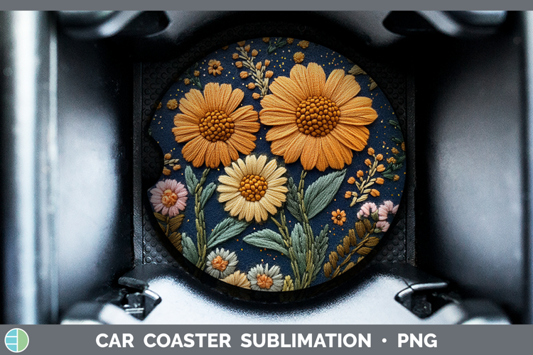 Flowers 02 Embroider Calendula Car Coaster Sublimation Desi