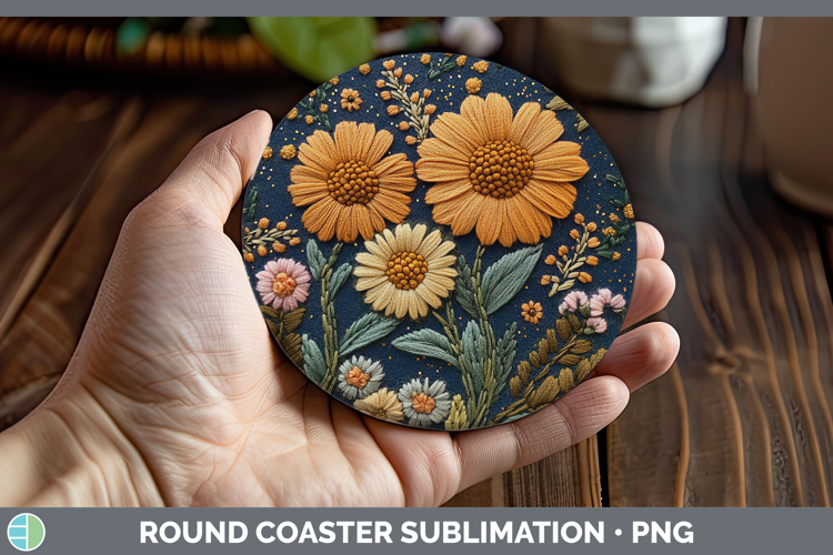 Flowers 02 Embroider Calendula Round Coaster Sublimation Coa