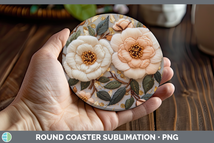 Flowers 02 Embroider Camellia Round Coaster Sublimation Coas