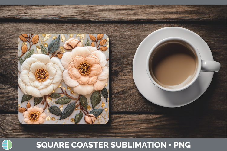 Flowers 02 Embroider Camellia Square Coaster Sublimation Coa