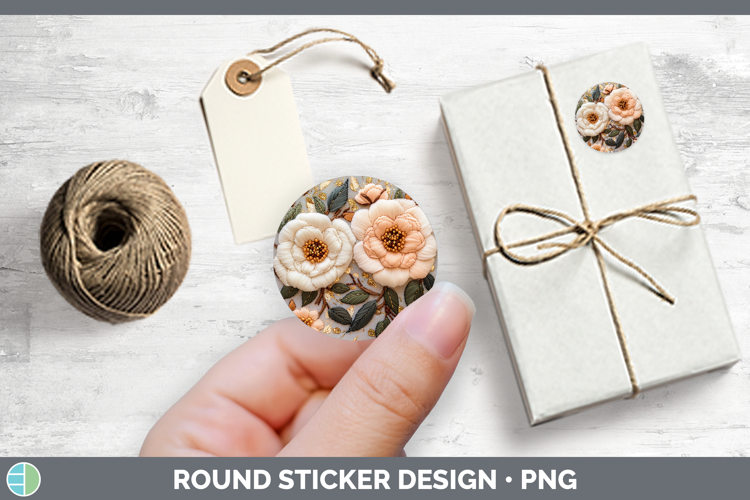 Flowers 02 Embroider Camellia Stickers | Round Labels Design