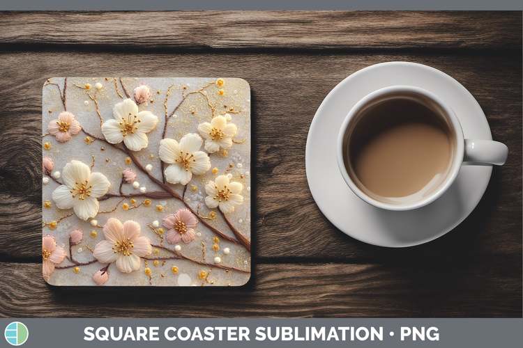 Flowers 02 Embroider Cherry Blossom Square Coaster Sublimati