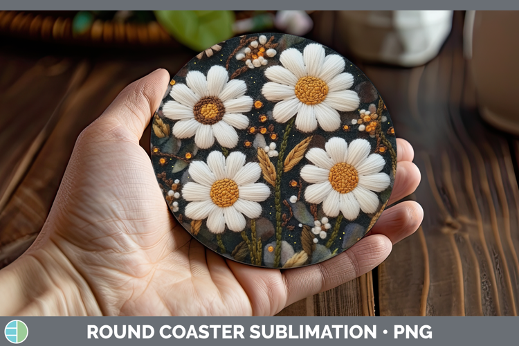 Flowers 02 Embroider Daisy Round Coaster Sublimation Coaster
