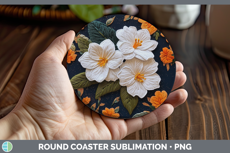 Flowers 02 Embroider Gardenia Round Coaster Sublimation Coas