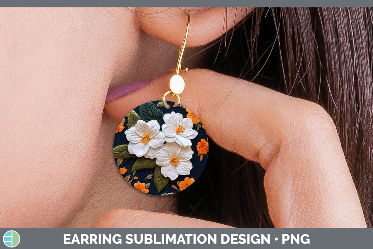 Flowers 02 Embroider Gardenia Round Earrings Sublimation Ear