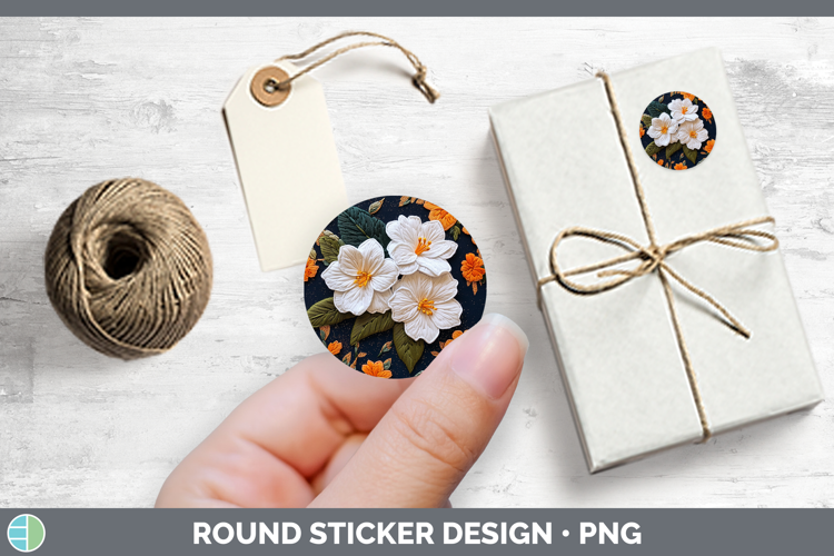 Flowers 02 Embroider Gardenia Stickers | Round Labels Design