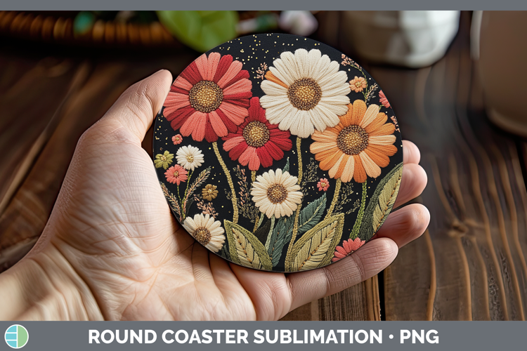Flowers 02 Embroider Gerbera Daisy Round Coaster Sublimation
