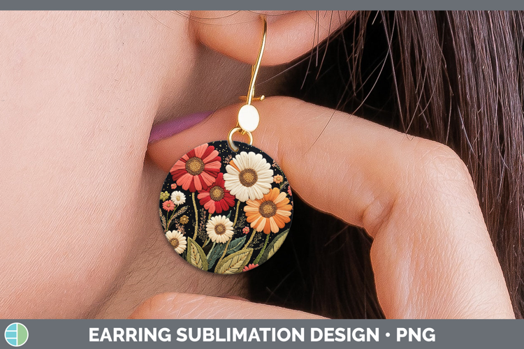Flowers 02 Embroider Gerbera Daisy Round Earrings Sublimatio