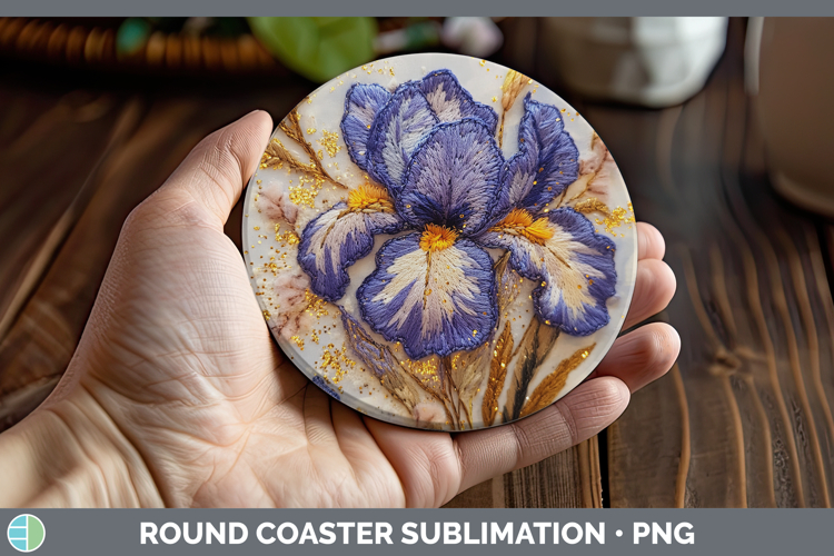Flowers 02 Embroider Iris Round Coaster Sublimation Coaster