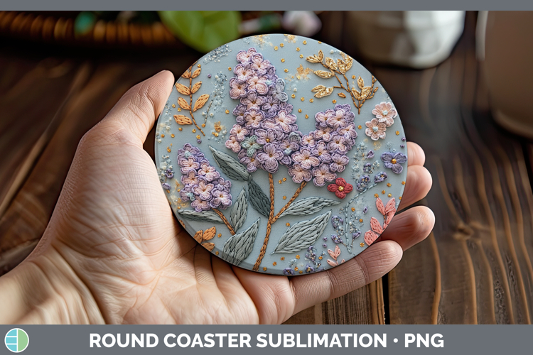 Flowers 02 Embroider Lilac Round Coaster Sublimation Coaster