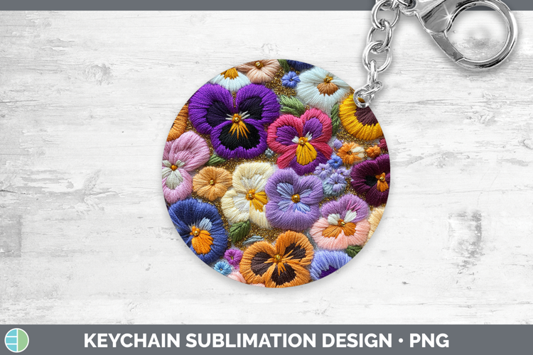 Flowers 02 Embroider Pansy Keychain Sublimation Keyring Desi