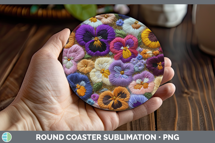Flowers 02 Embroider Pansy Round Coaster Sublimation Coaster