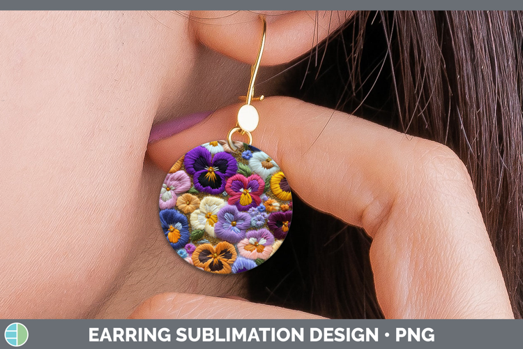 Flowers 02 Embroider Pansy Round Earrings Sublimation Earrin