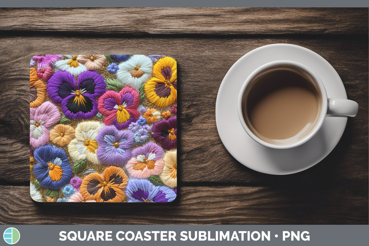 Flowers 02 Embroider Pansy Square Coaster Sublimation Coaste