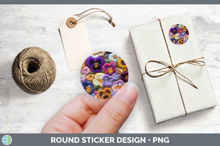 Flowers 02 Embroider Pansy Stickers | Round Labels Designs